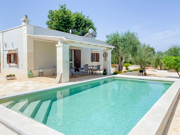 Pool view with house